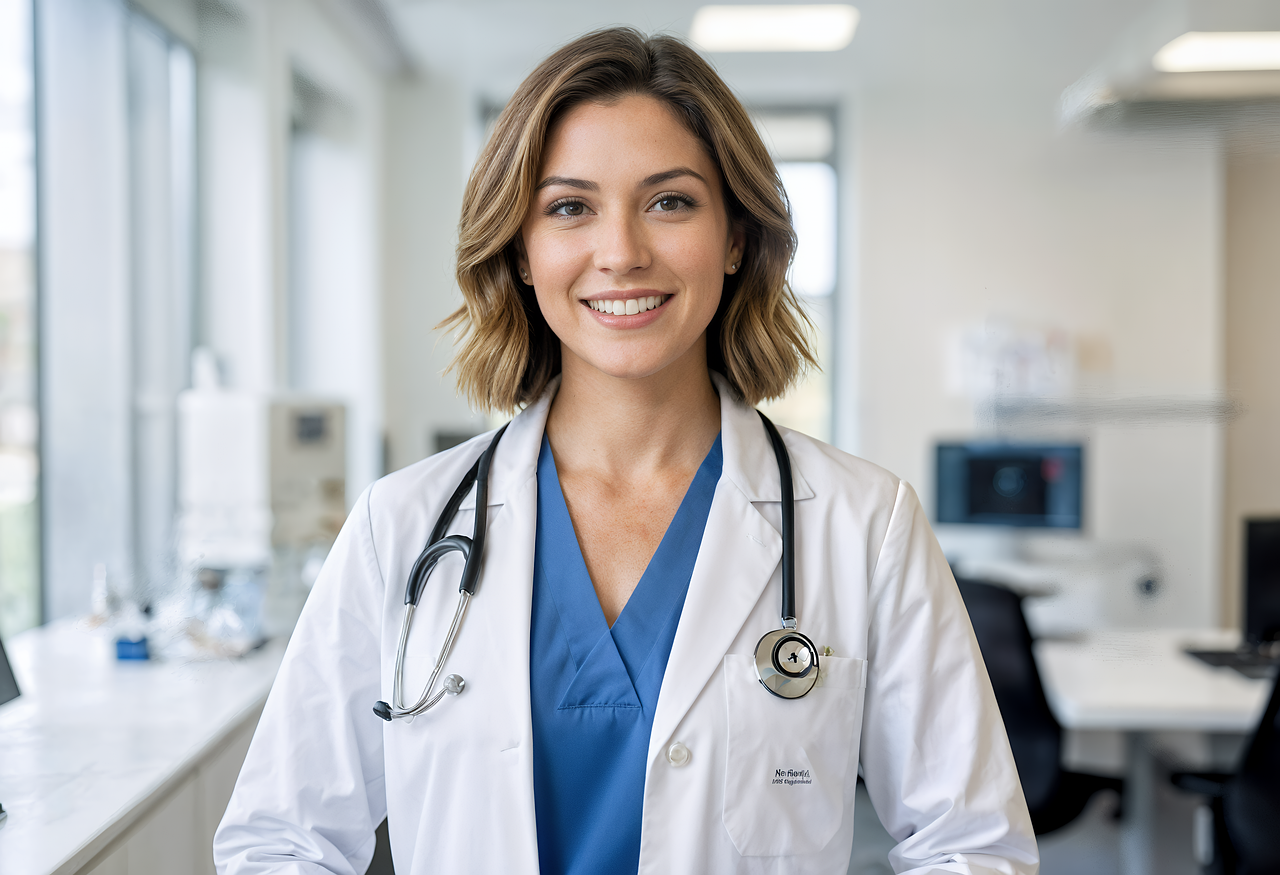 ai generated, doctor, hospital, stethoscope, healthcare, clinic, laboratory, woman, nurse, uniform, treatment, medical center, checkup, doctor's office, medicine, friendly, health, care, workplace, health worker
